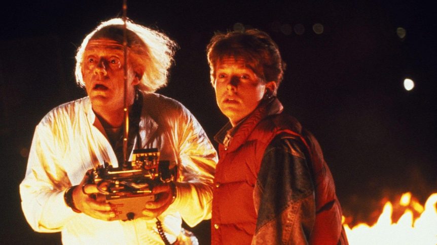 Doc Brown and Marty McFly after the Delorean launches through time.